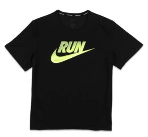 Front view of the Nike Miler Run Energy Dri-FIT Tee 'Black,' showcasing its minimalist design and lightweight, breathable fabric